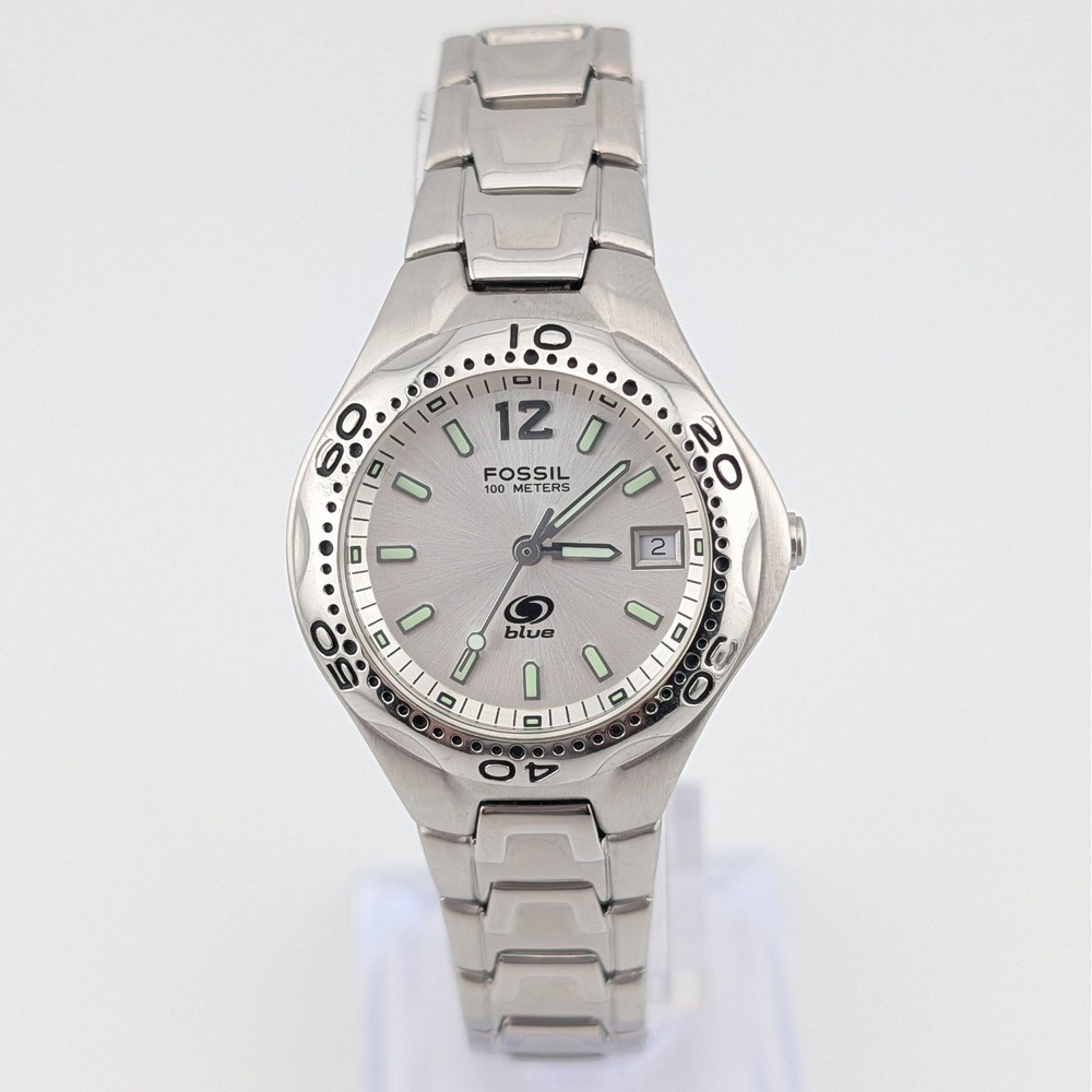 Fossil Blue AM-3546 Silver Sunburst Dial Date 100M Watch Box‎ Papers 29mm Lume